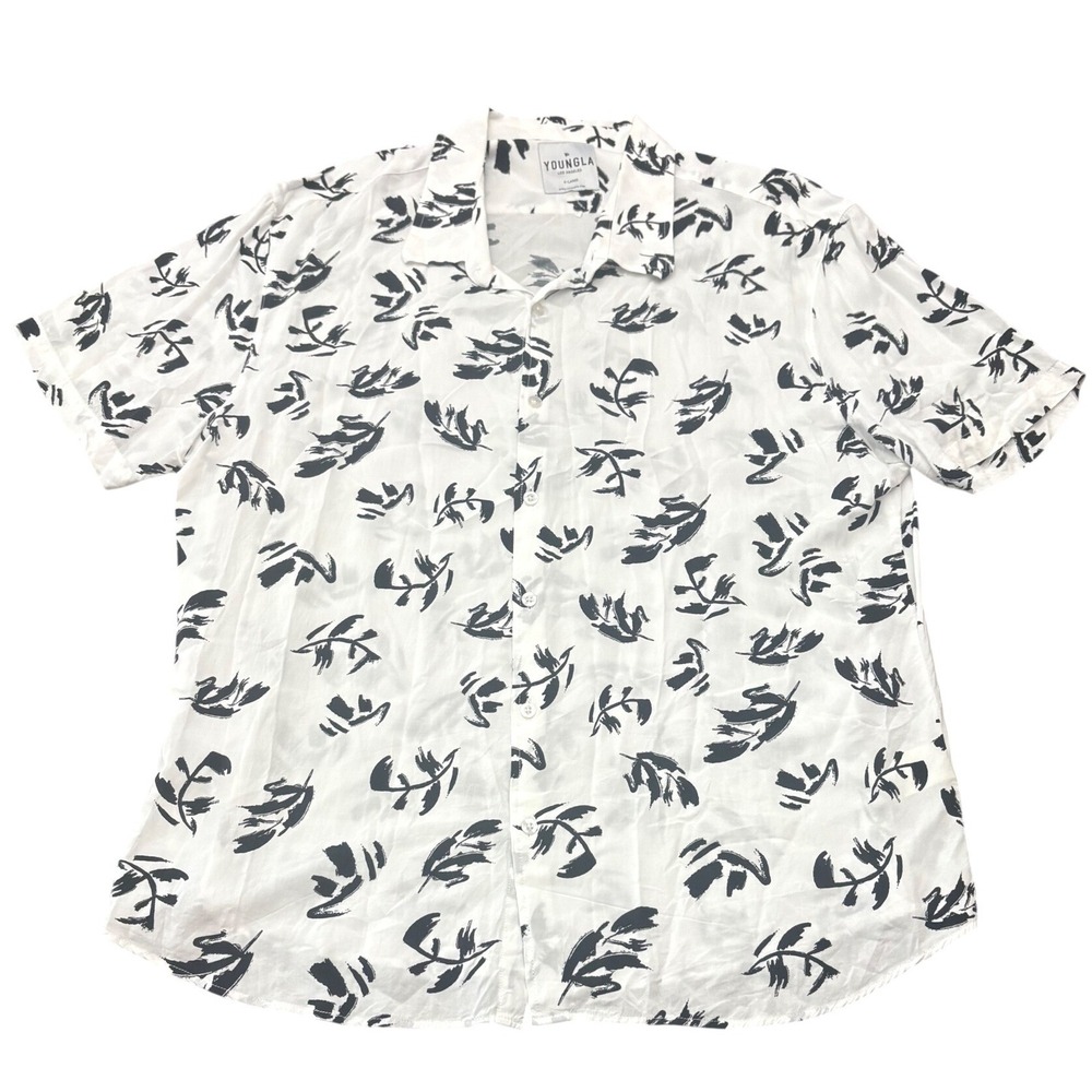 YoungLA Button Up Shirt Mens XL White Black Leaf Print Hawaiian Camp Collar 439